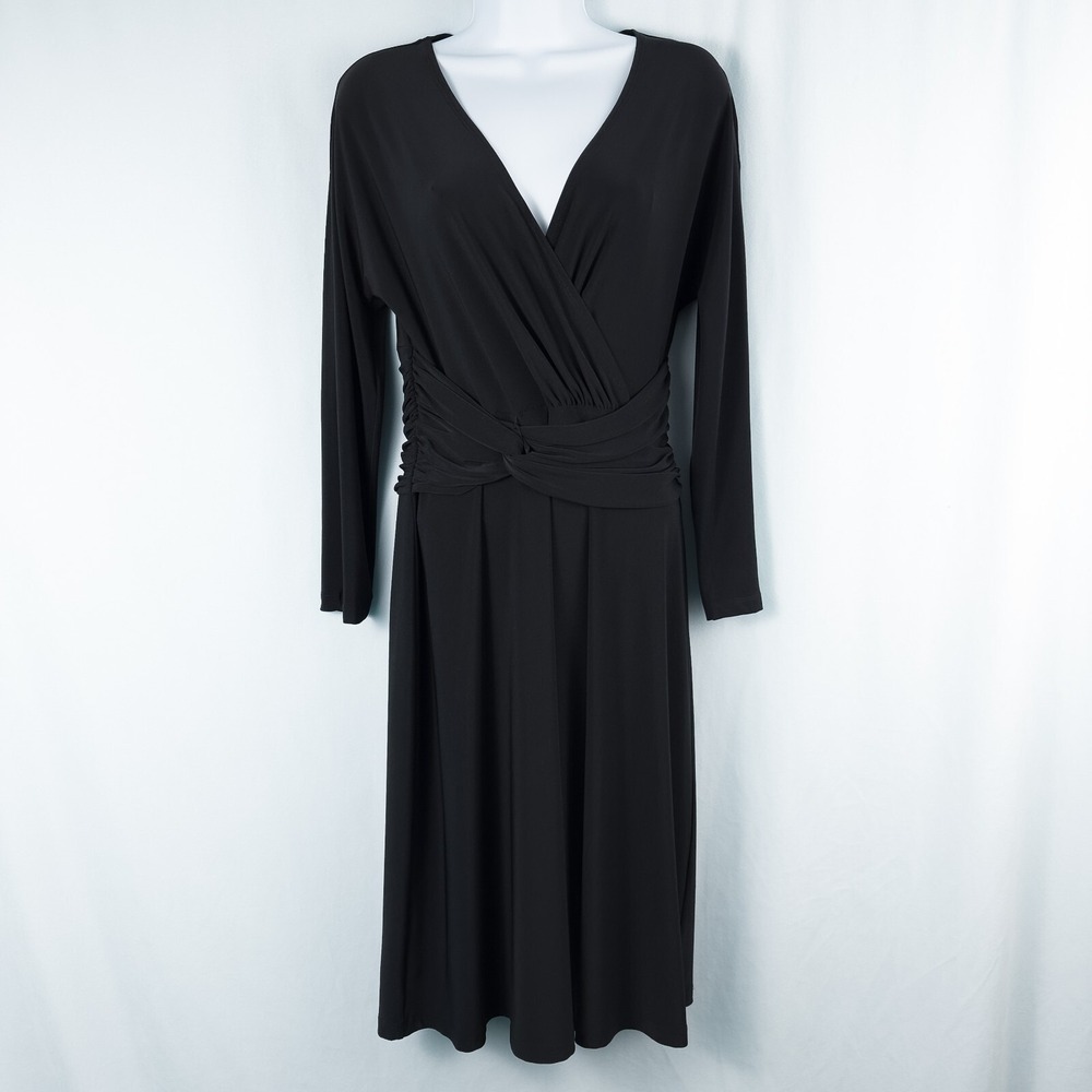 Evan Picone Long Sleeve Faux Wrap V Neck Ruched Dress Sz 6 Black Cocktail Chic